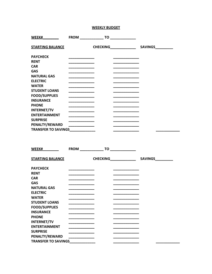 Weekly budget in Word and Pdf formats - page 2 of 2