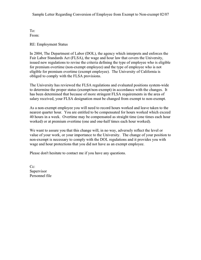 Sample Letter Regarding Conversion Of Employee From Exempt To Non