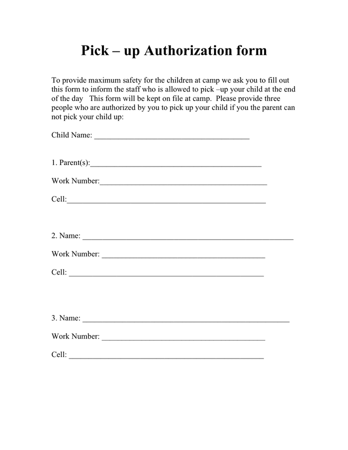 Pick up Authorization Form In Word And Pdf Formats
