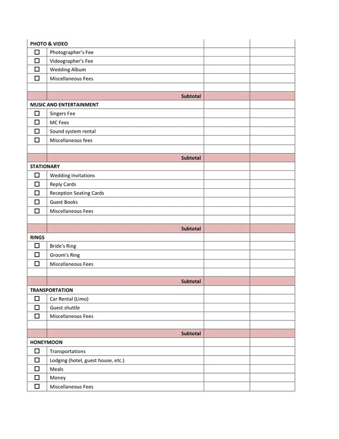 Wedding Budget and Expenses in Word and Pdf formats - page 2 of 3