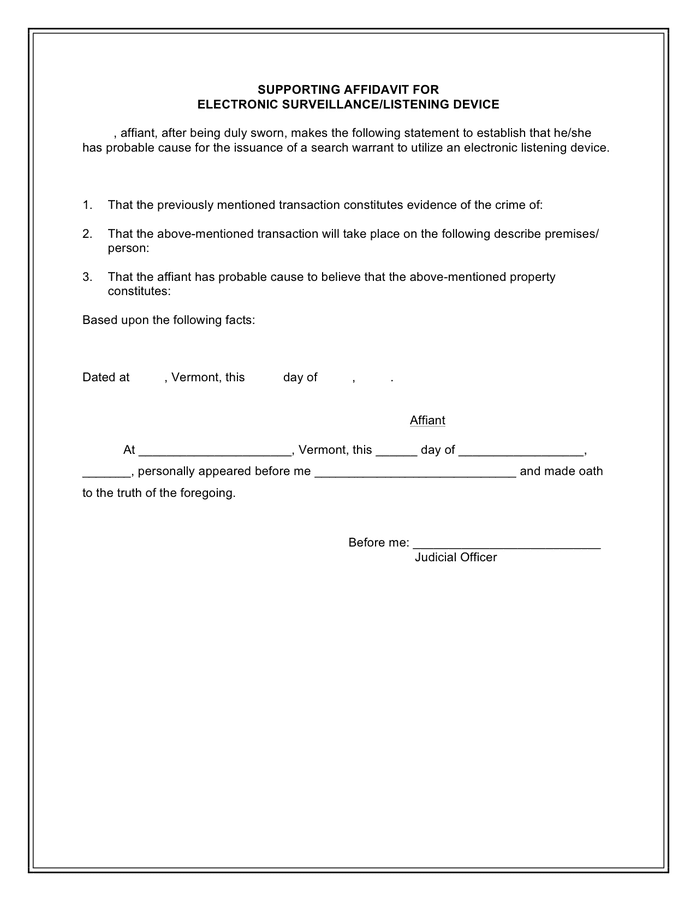 Supporting affidavit for electronic surveillance / listening device (Vermont) page 1