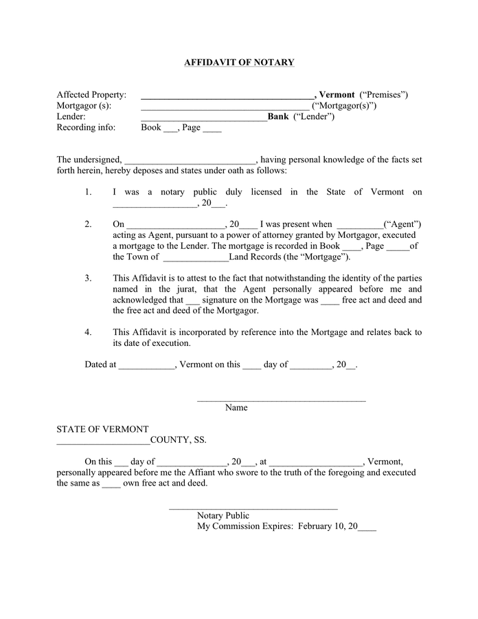 Affidavit of notary (Vermont) page 1