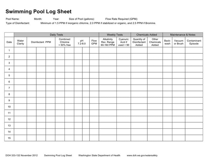 Swimming pool chemical log sheet in Word and Pdf formats