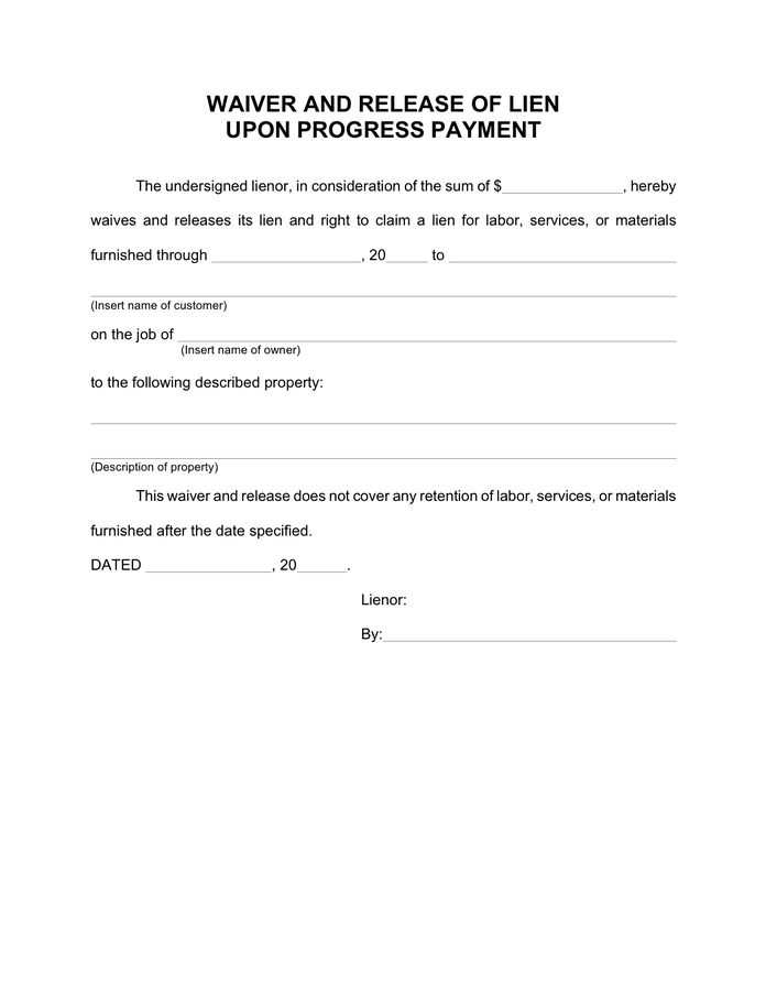 Waiver And Release Of Lien Upon Progress Payment In Word And Pdf Formats 6186