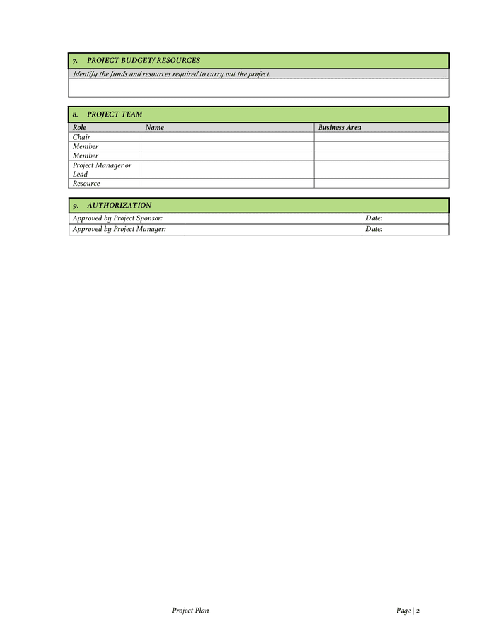 Project charter template in Word and Pdf formats - page 2 of 2