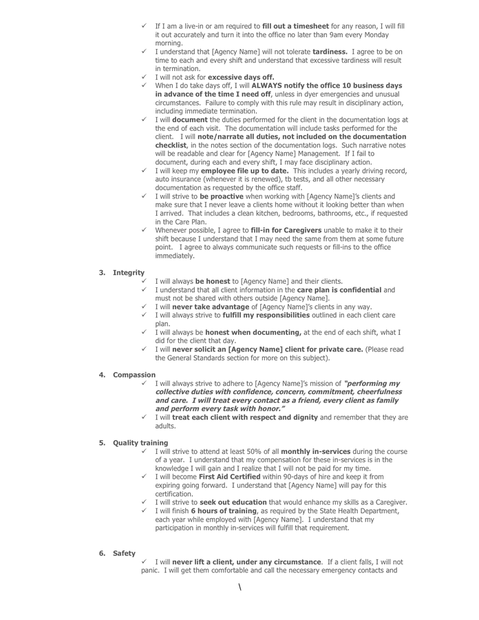 Caregiver position agreement sample in Word and Pdf formats - page 3 of 4