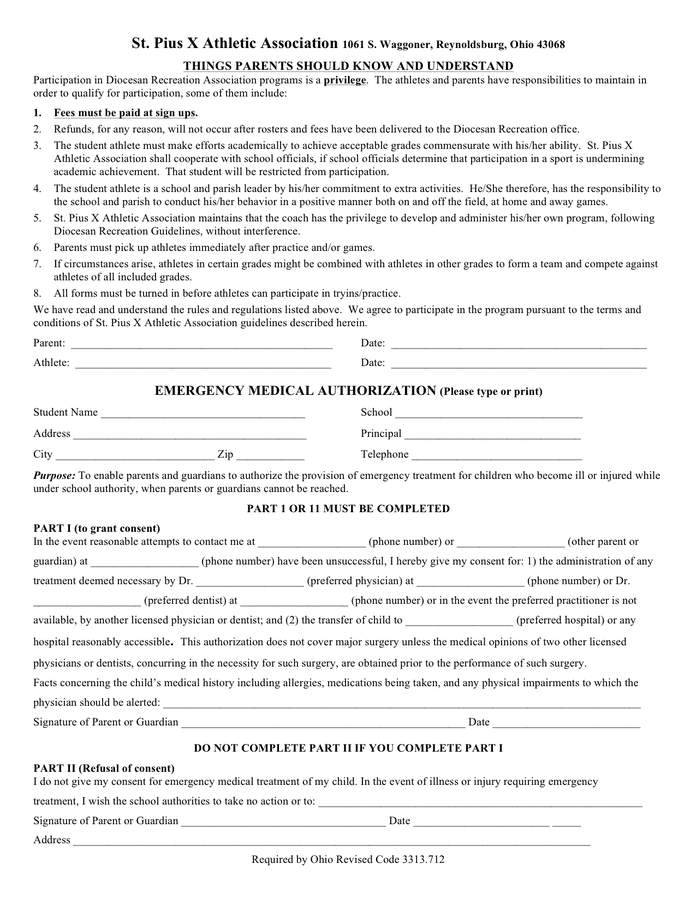 Sport medical authorization form in Word and Pdf formats