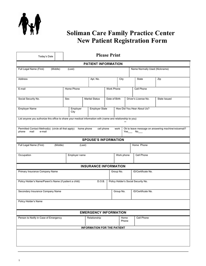 New Patient Registration Form In Word And Pdf Formats 7370