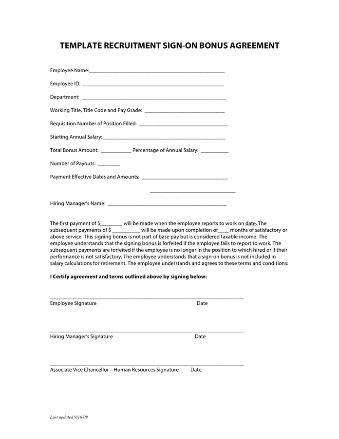 Template Recruitment Sign on Bonus Agreement In Word And Pdf Formats