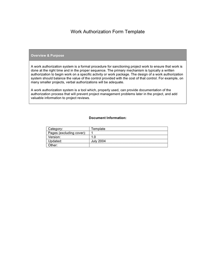 Work Authorization Form Template in Word and Pdf formats
