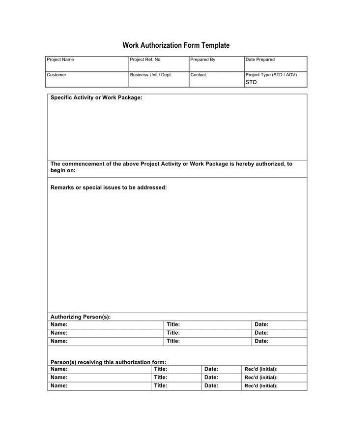 Work Authorization Form Template in Word and Pdf formats page 2 of 2