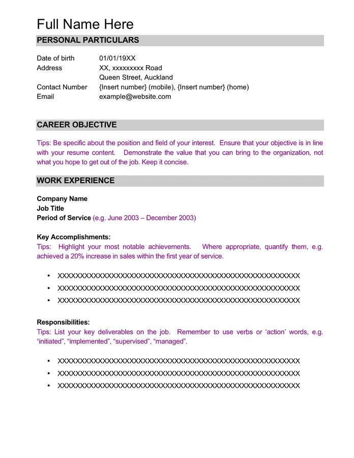 New Zealand Cv Template