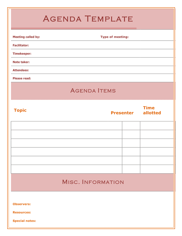 Meeting Agenda Template - download free documents for PDF, Word and Excel