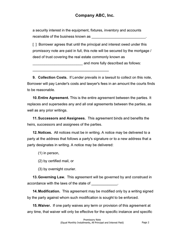 Promissory note template in Word and Pdf formats - page 2 of 3