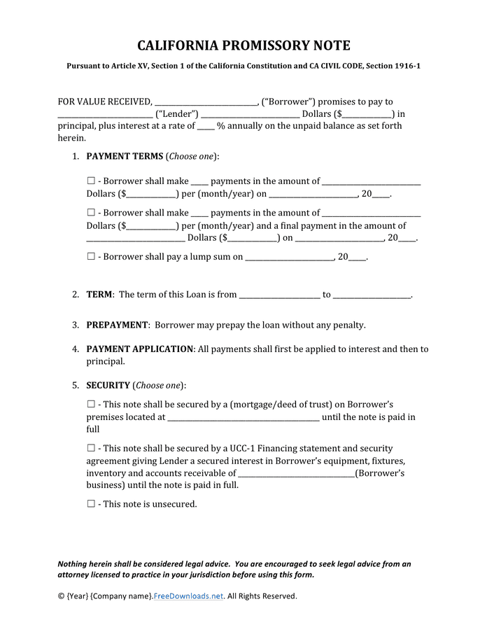 Promissory note template (California) in Word and Pdf formats