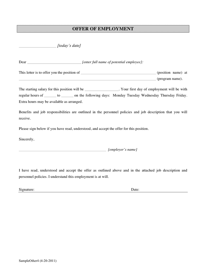 Offer Of Employment Template In Word And Pdf Formats