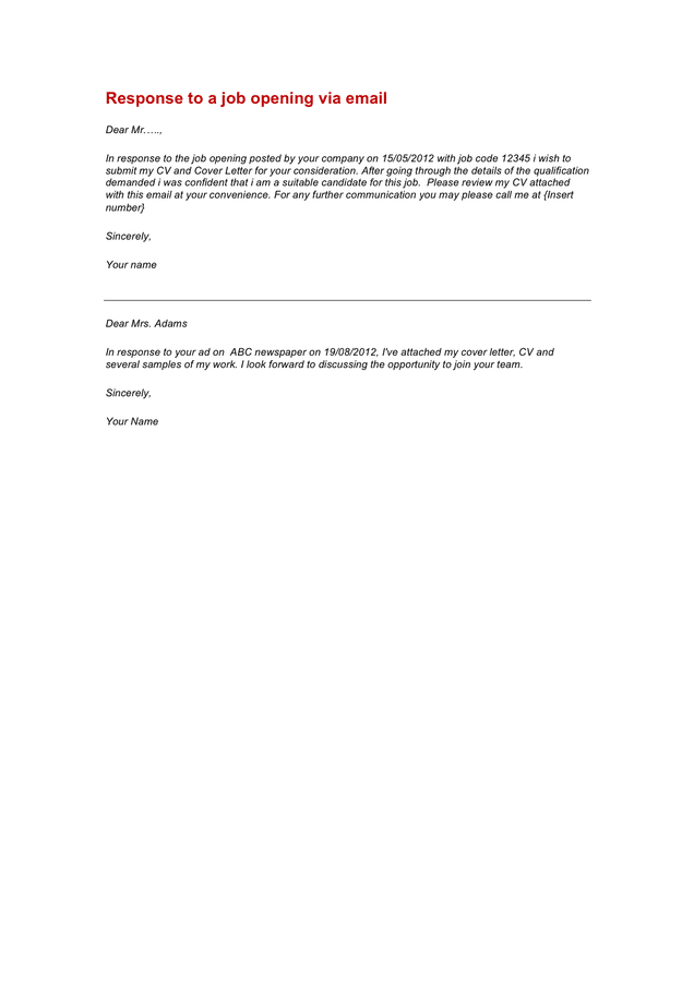 Sample email response to a job posting