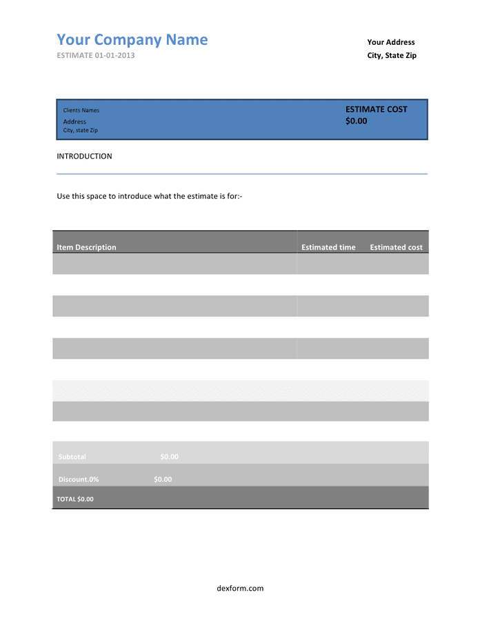 Estimate Template - download free documents for PDF, Word and Excel