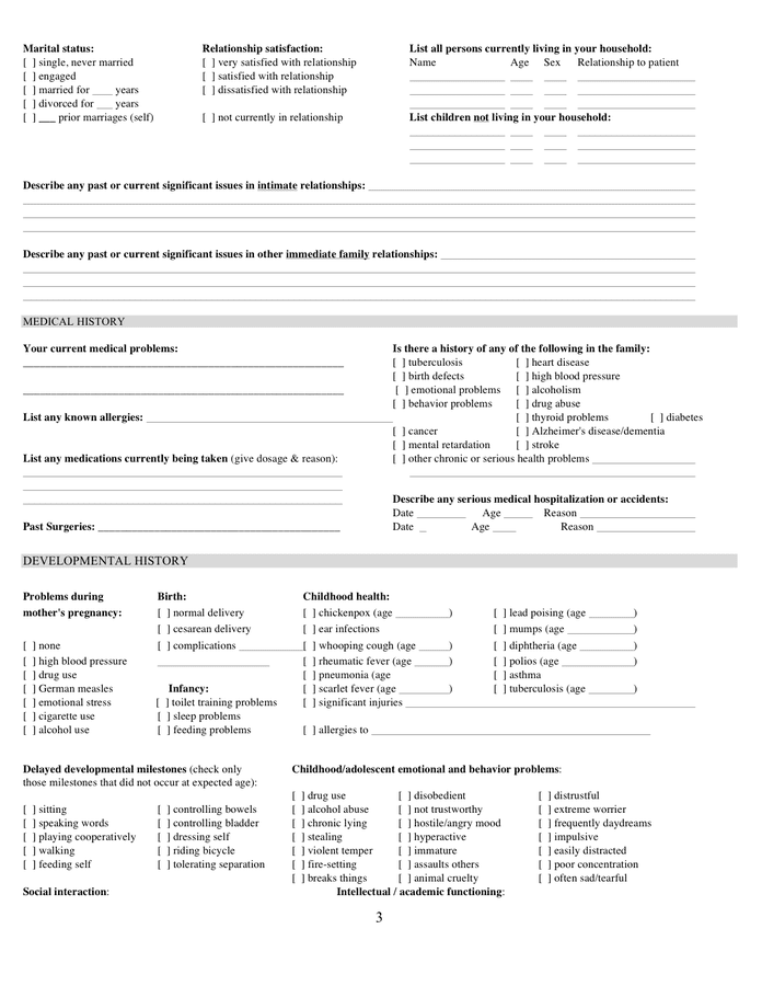 Medical psychiatric history form in Word and Pdf formats - page 3 of 4