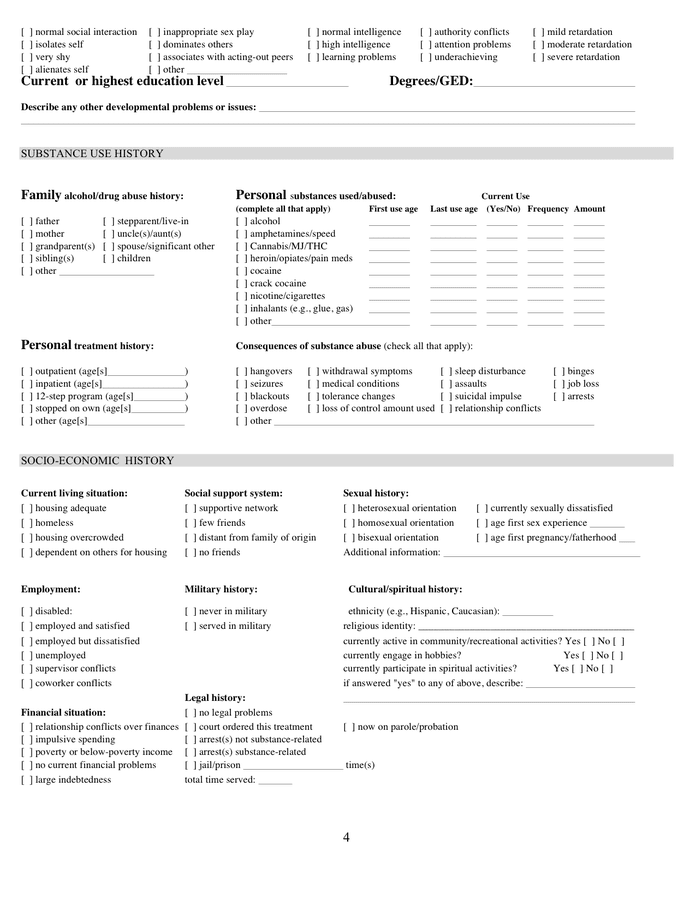 Medical psychiatric history form in Word and Pdf formats page 4 of 4