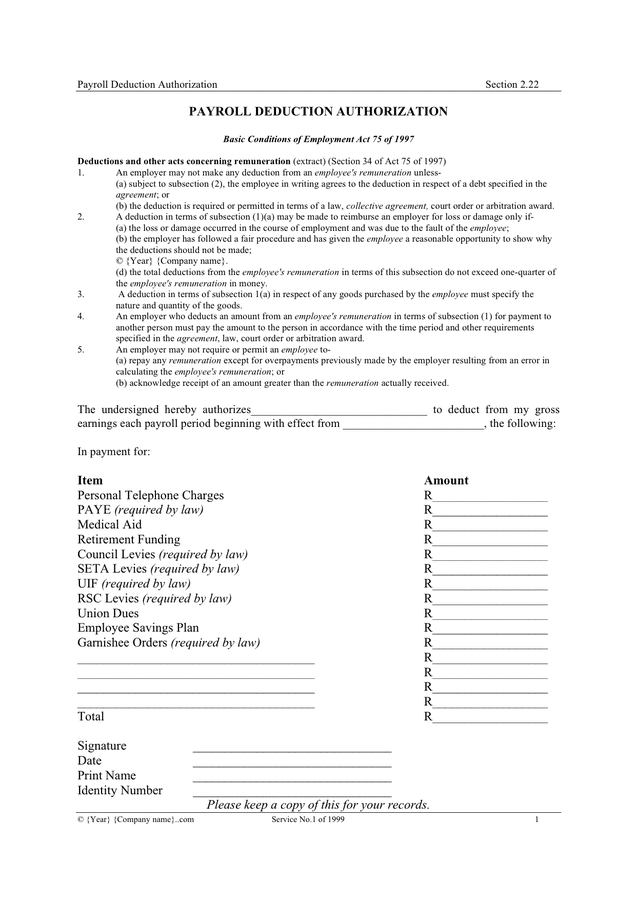 Payroll deduction authorization in Word and Pdf formats