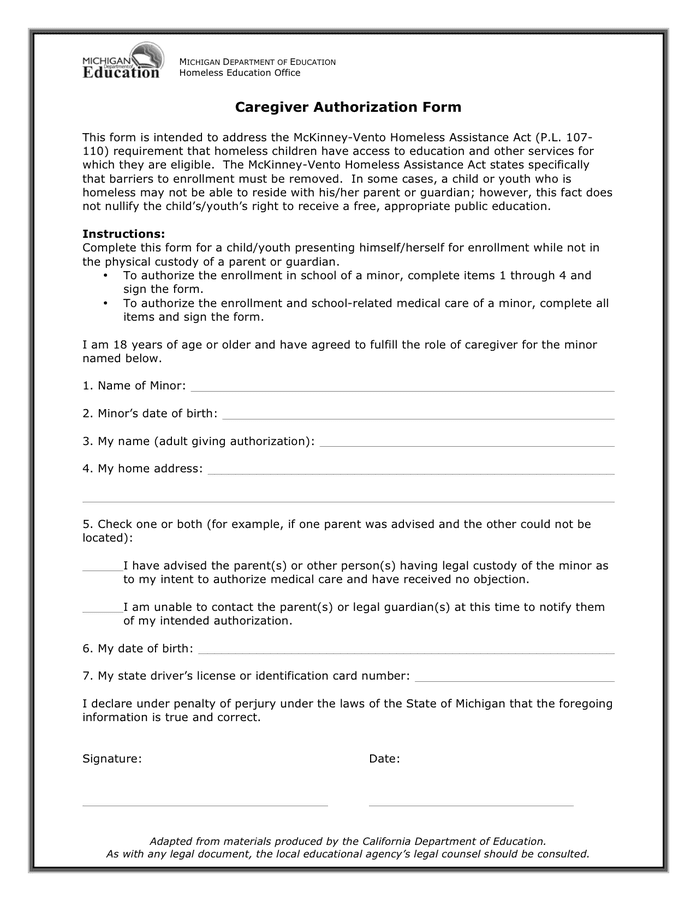 Caregiver Authorization Form In Word And Pdf Formats 9744