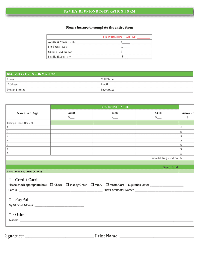 Family reunion registration form in Word and Pdf formats