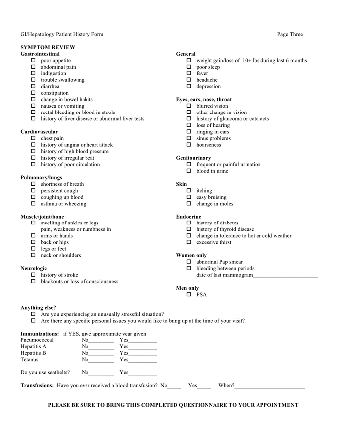 Patient history form in Word and Pdf formats - page 3 of 3