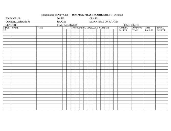 Pony Jumping Phase Score Sheet Template In Word And Pdf Formats