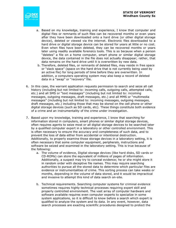 Application for search warrant with affidavit (Vermont) in Word and Pdf ...