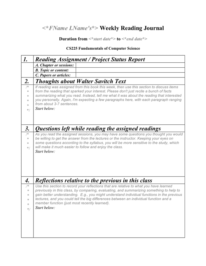 Weekly Reading Journal Sample In Word And Pdf Formats