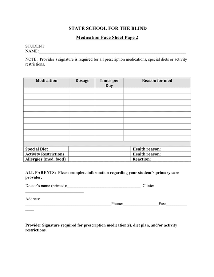 Medical fact sheet and history form in Word and Pdf formats page 3 of 4