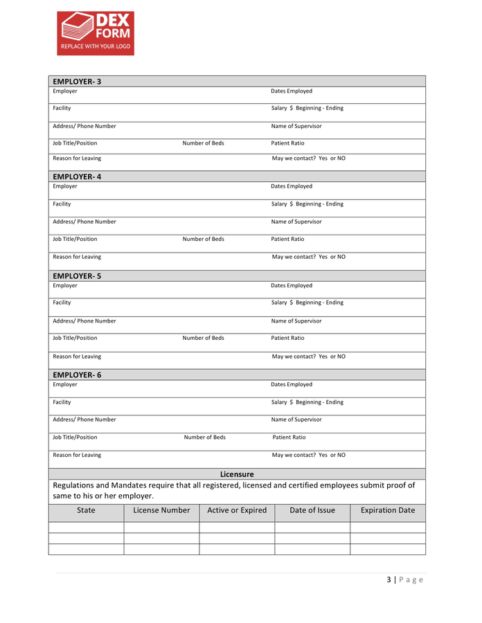 Medical staff employment application form in Word and Pdf formats page 3 of 5