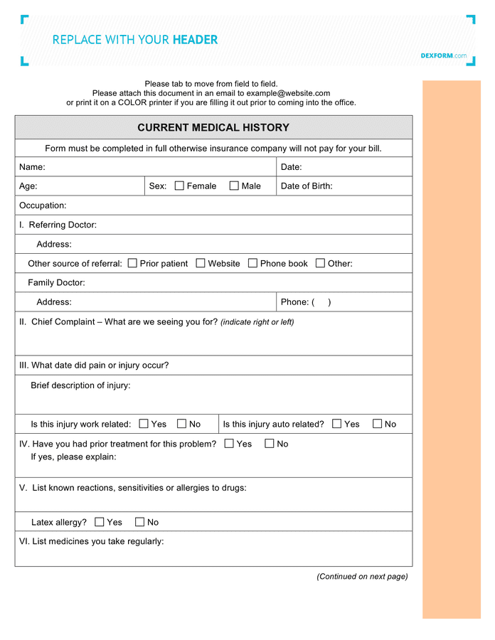 Orthopedics medical history form in Word and Pdf formats