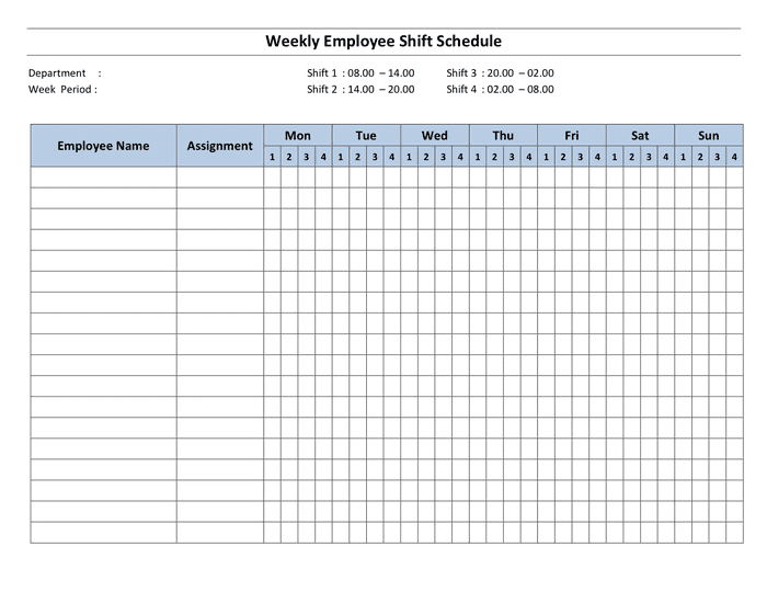 Weekly employee shift schedule in Word and Pdf formats