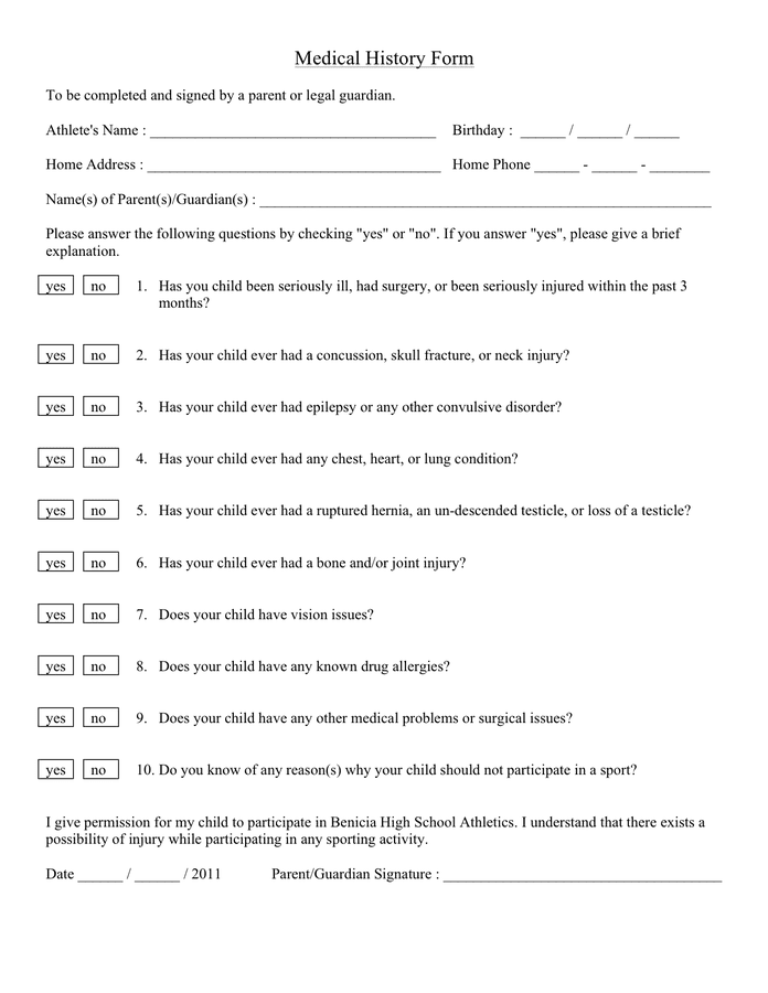 Athlete medical history form in Word and Pdf formats