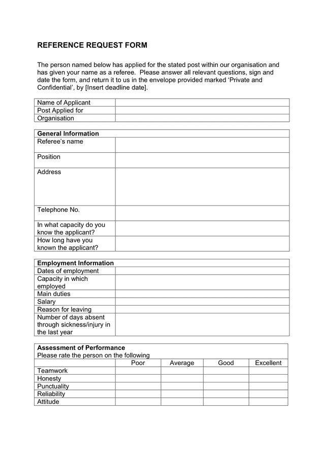 Reference request form in Word and Pdf formats