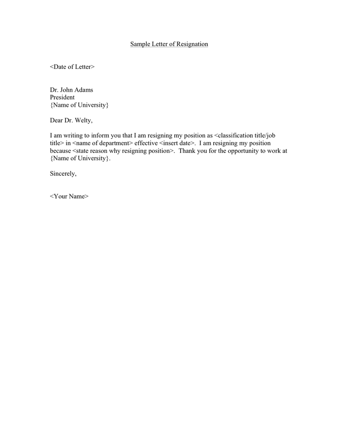 Sample college letter of resignation in Word and Pdf formats