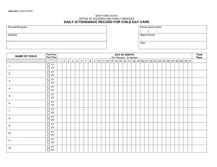 Daily Attendance Record For Child Day Care In Word And Pdf Formats