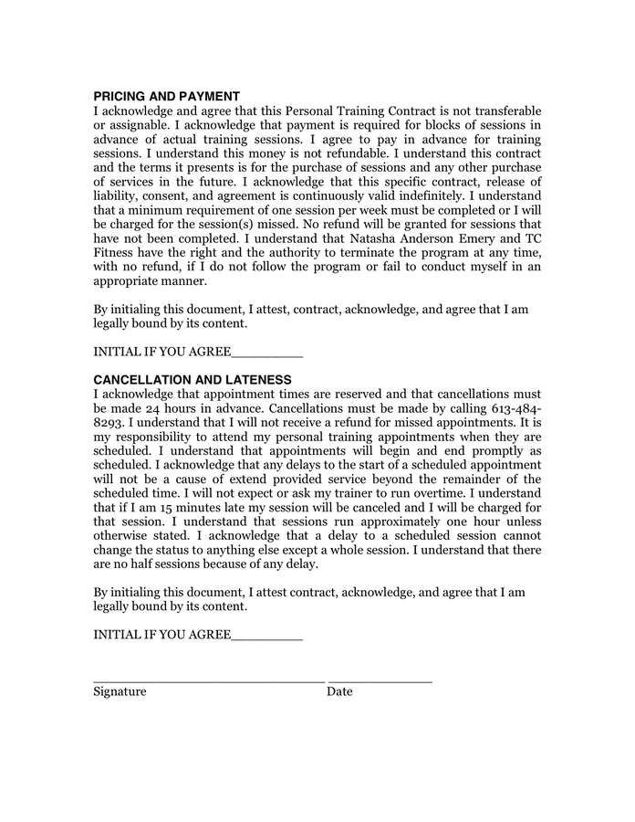 Personal Training Contract in Word and Pdf formats - page 2 of 2