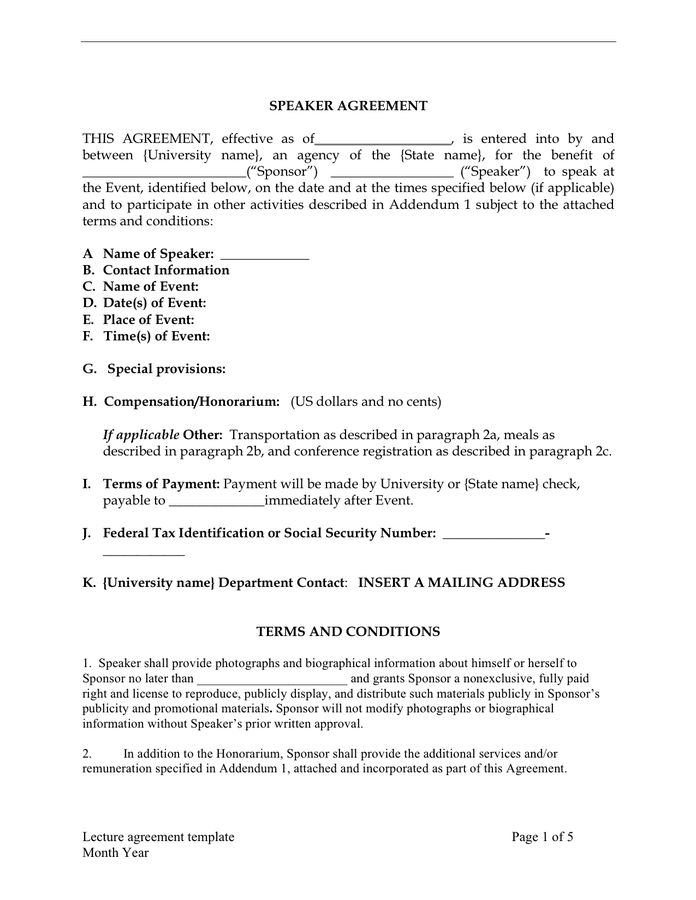 Lecture / speaker agreement template in Word and Pdf formats