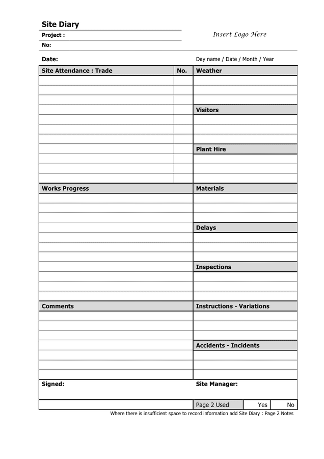 Site diary template in Word and Pdf formats