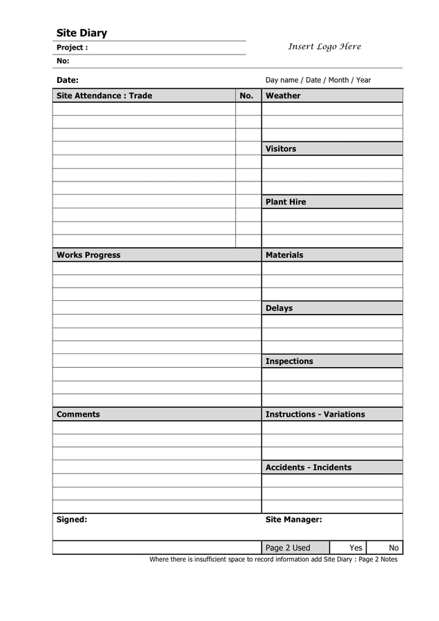Site Diary Template In Word And Pdf Formats