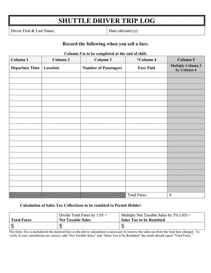 Shuttle driver trip log template in Word and Pdf formats