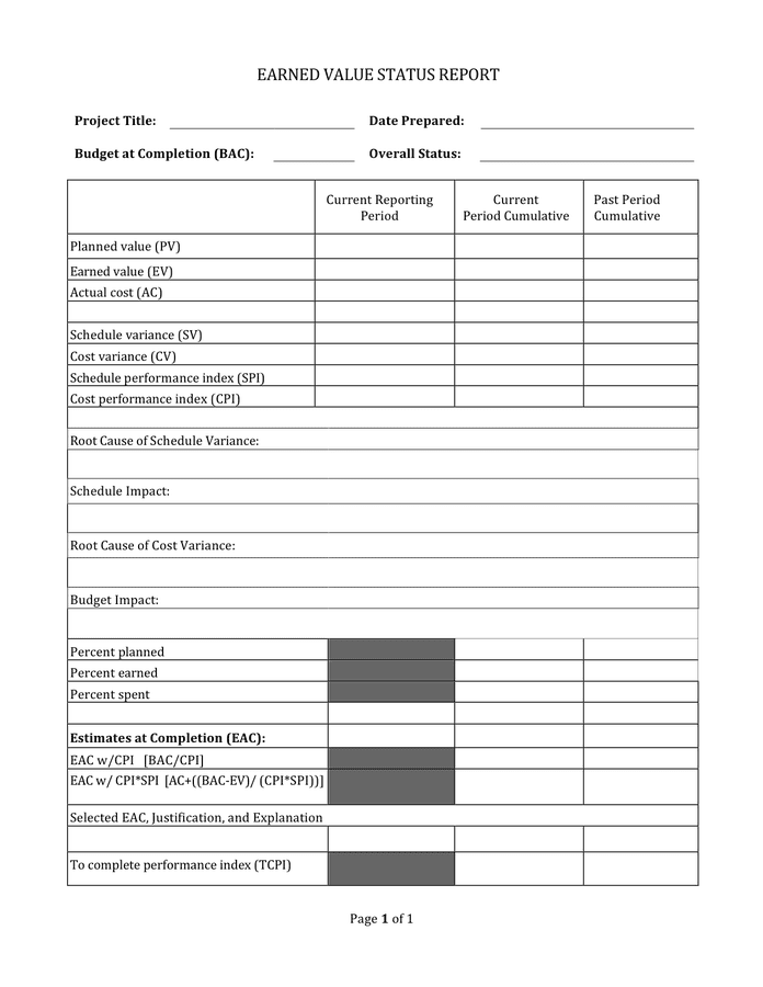 Earned value status report template page 1