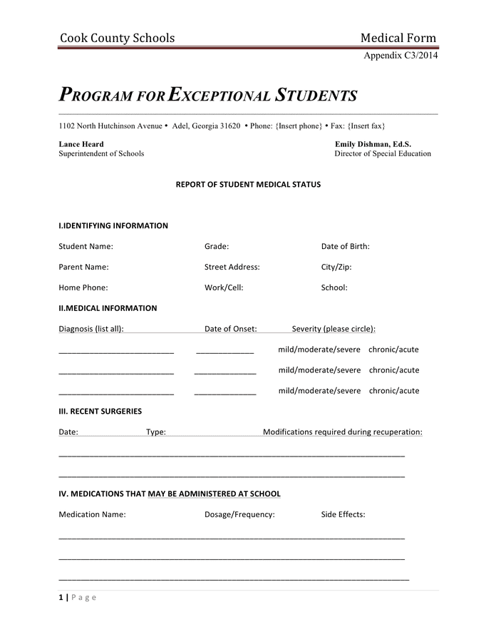 Report Of Student Medical Status Form In Word And Pdf Formats