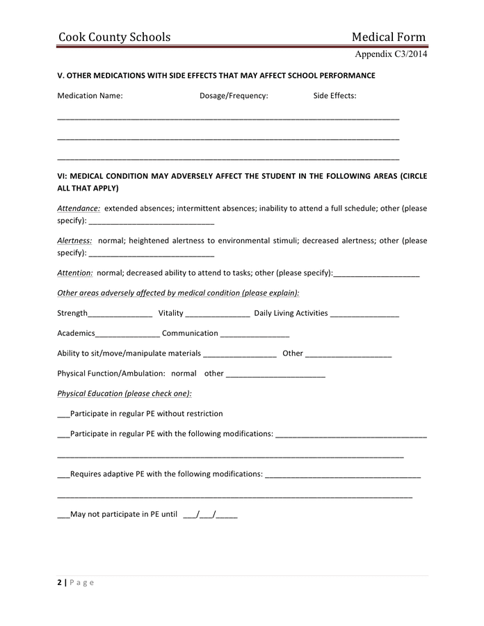 Report of student medical status form in Word and Pdf formats - page 2 of 3