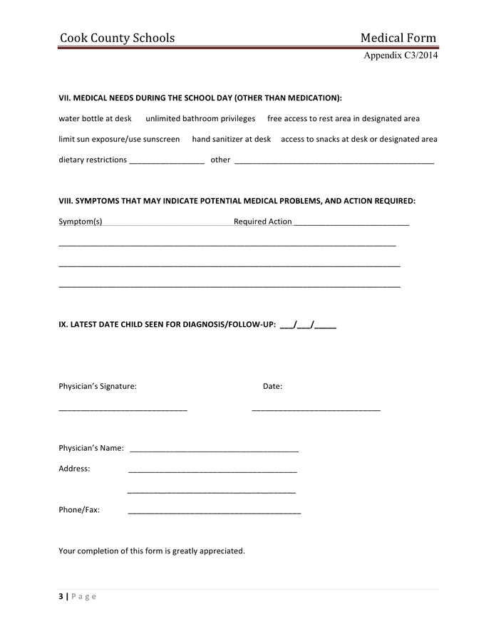 Report of student medical status form in Word and Pdf formats - page 3 of 3