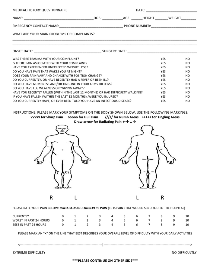 Medical history questionnaire sample in Word and Pdf formats