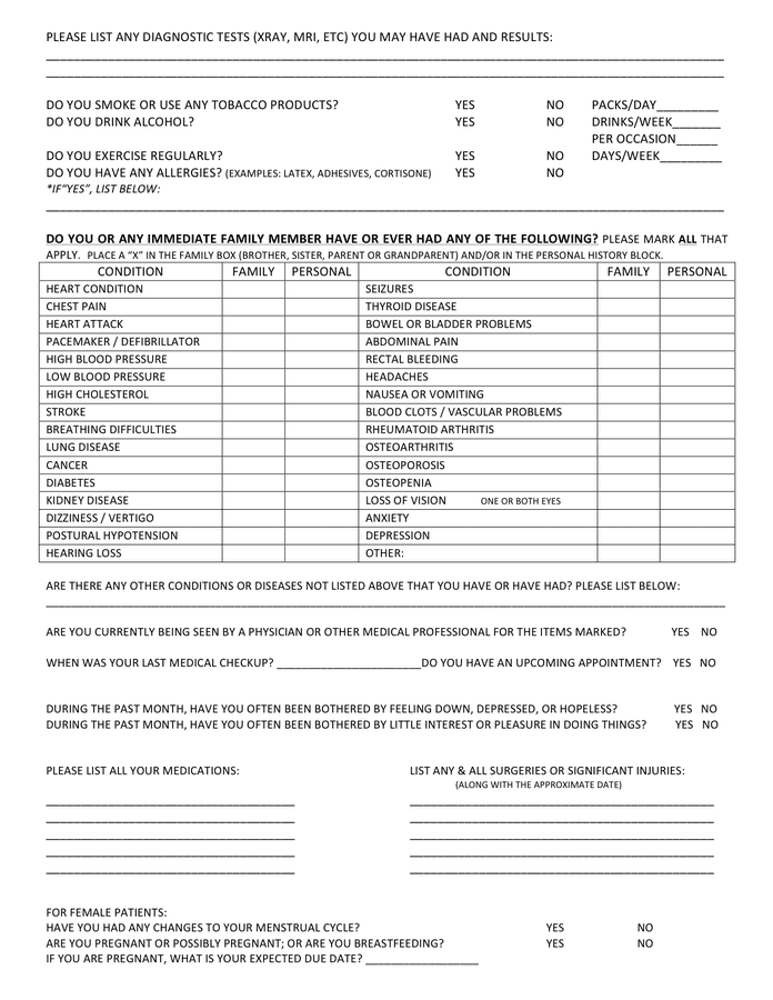 Medical History Questionnaire Template